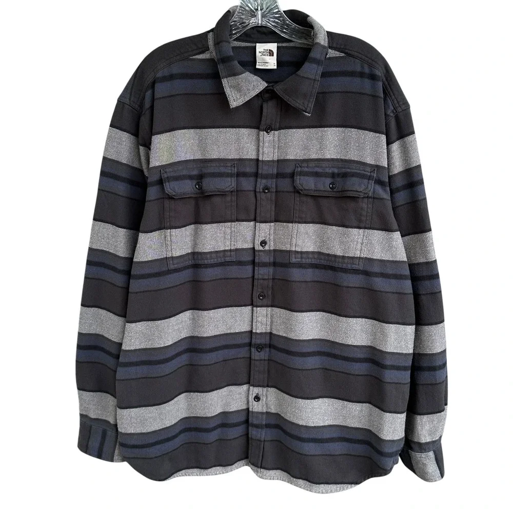 The North Face Mens XL Arroyo Heavyweight Flannel Shirt Striped Grey Blue - Picture 1 of 10